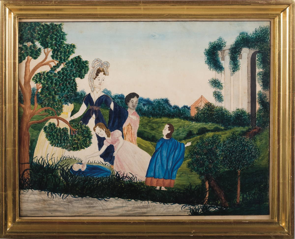 Appraisal: WATERCOLOR OF MOSES IN THE BULRUSHES Depicting the Pharoah's daughter