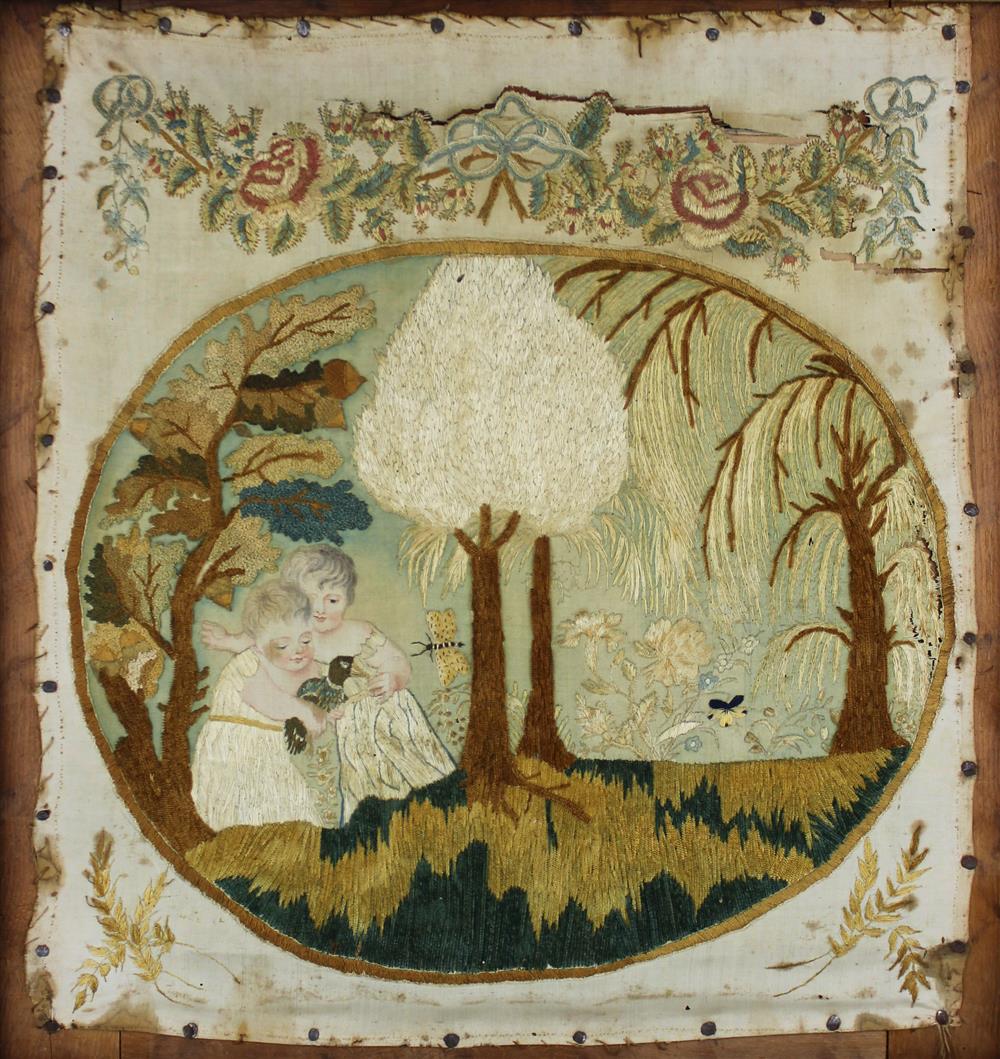 Appraisal: EMBROIDERED AND PAINTED SILK PICTURE FIRST QUARTER TH C bucolic