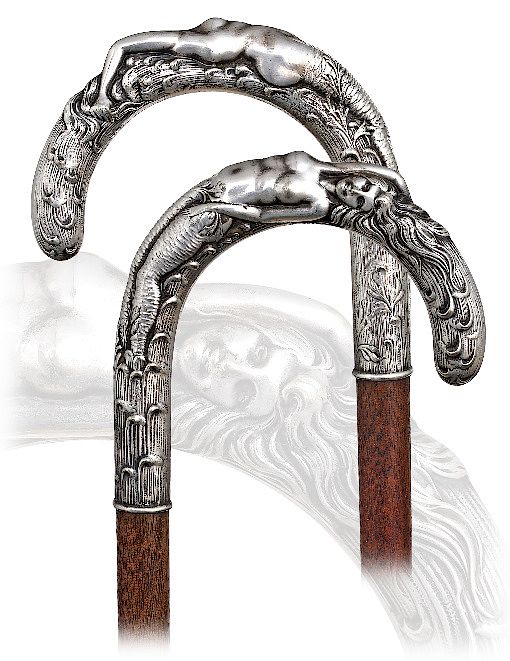 Appraisal: Art Nouveau Mermaid Cane -Ca -Large silver-plated crook handle with