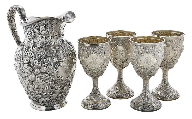 Appraisal: Set of Repousse Sterling Goblets and Pitcher Maryland early th