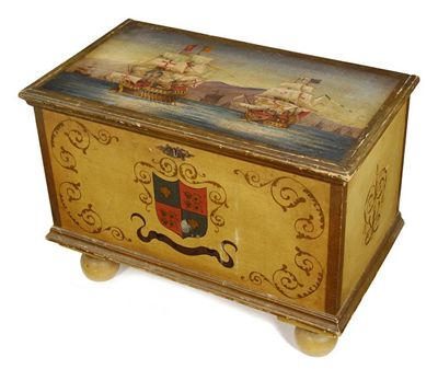 Appraisal: A painted chest the hinged top decorated with two galleons