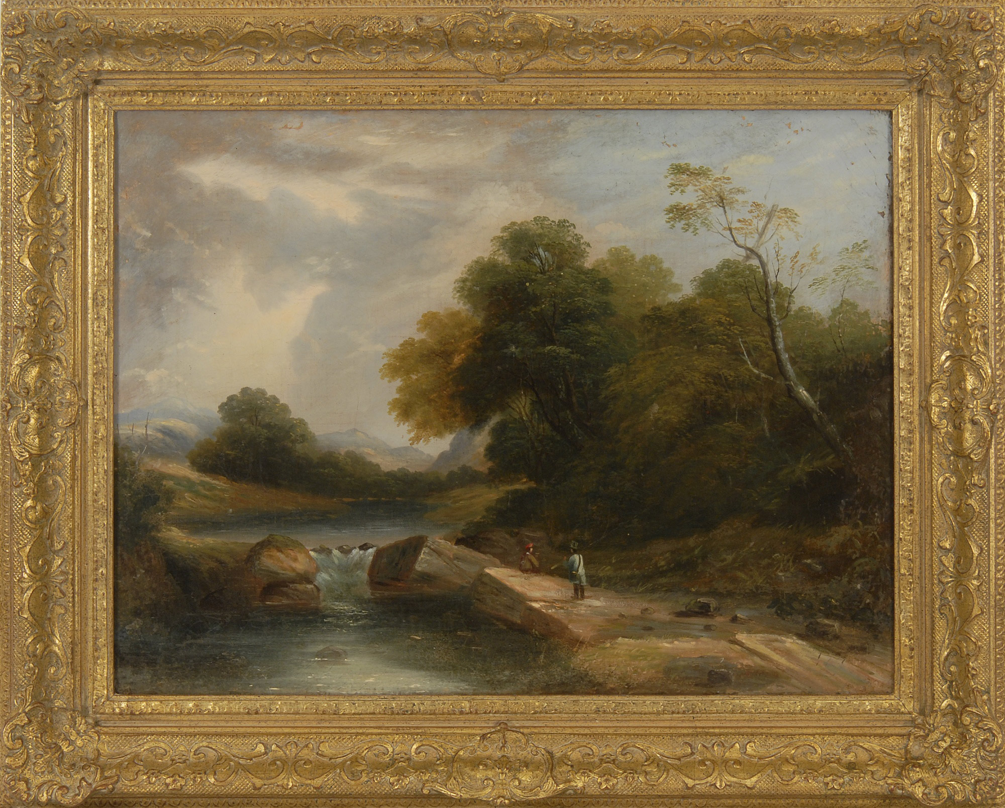 Appraisal: AMERICAN SCHOOLMid- th CenturyTravelers in a mountain landscape Unsigned Oil