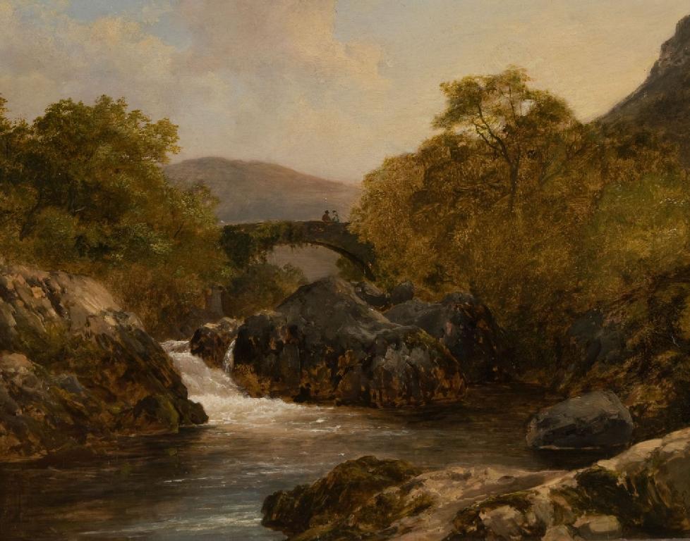 Appraisal: EDMUND GILL - WATERFALL WITH FIGURES ON A BRIDGE BEYOND