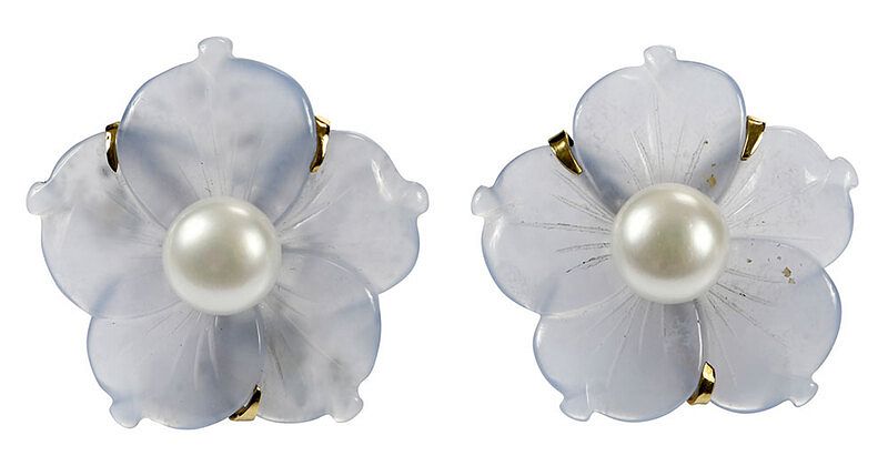 Appraisal: kt Gemstone and Pearl Earclips large carved blue chalcedony flowers