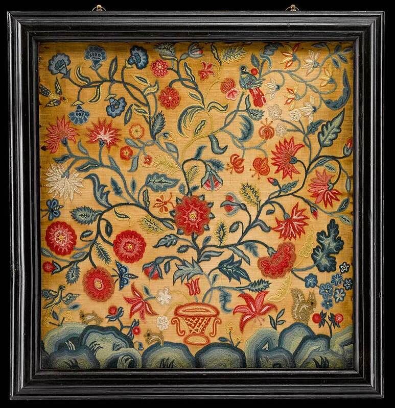 Appraisal: Fine George I Crewelwork Panel British circa vase and floral