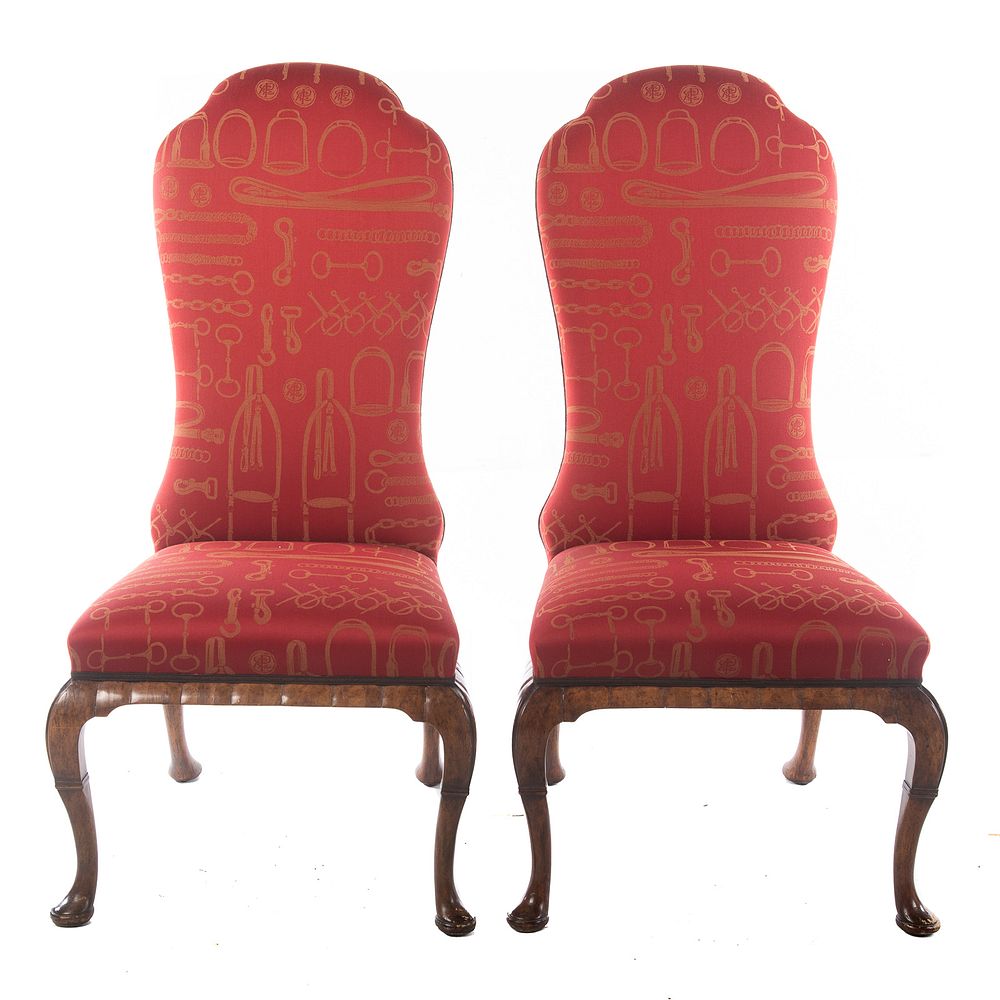 Appraisal: Set of Four Queen Anne Style Upholstered Chairs Red upholstered