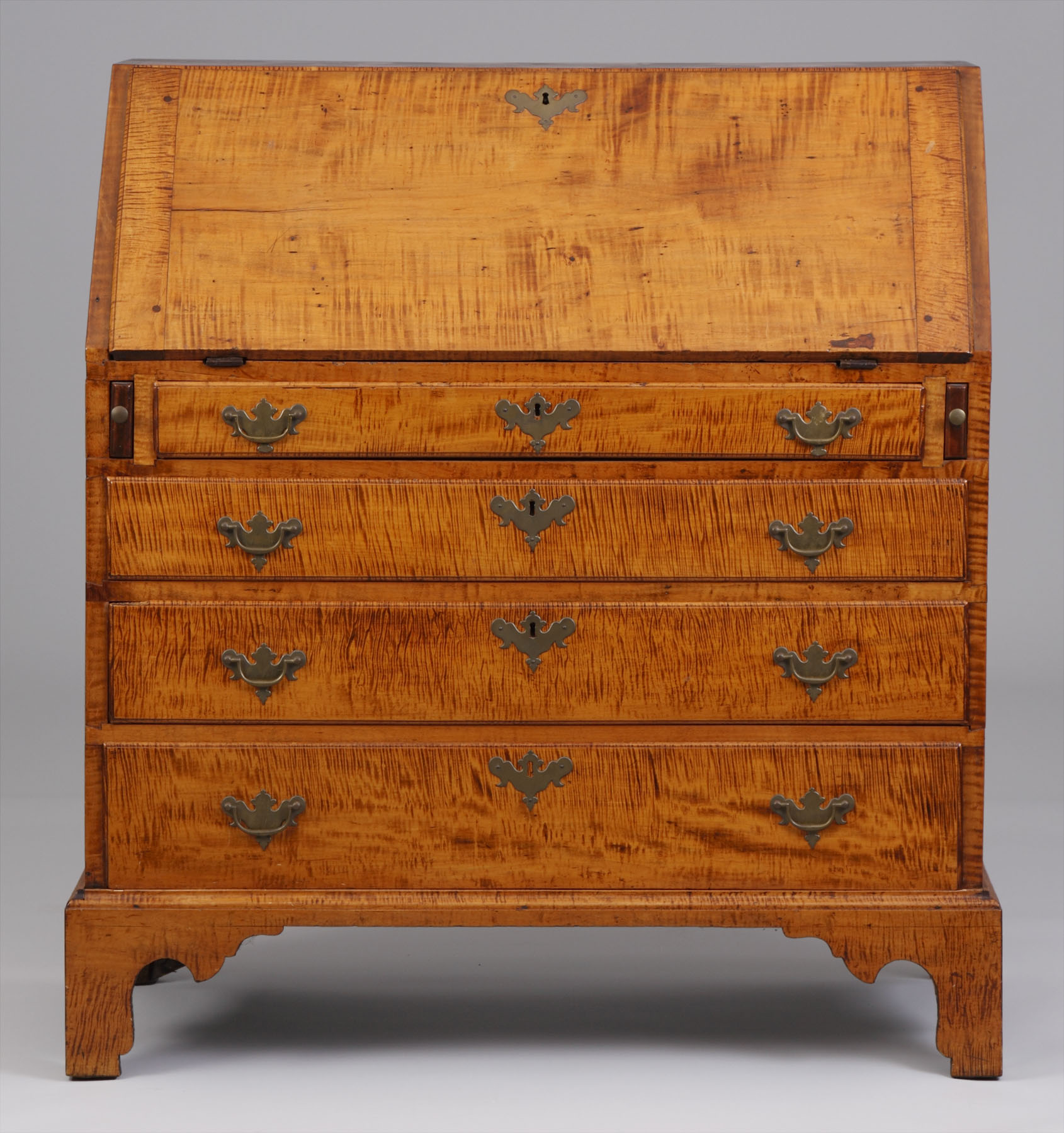 Appraisal: Early th Century Chippendale Tiger Maple Drop-front Desk Heavily fingered