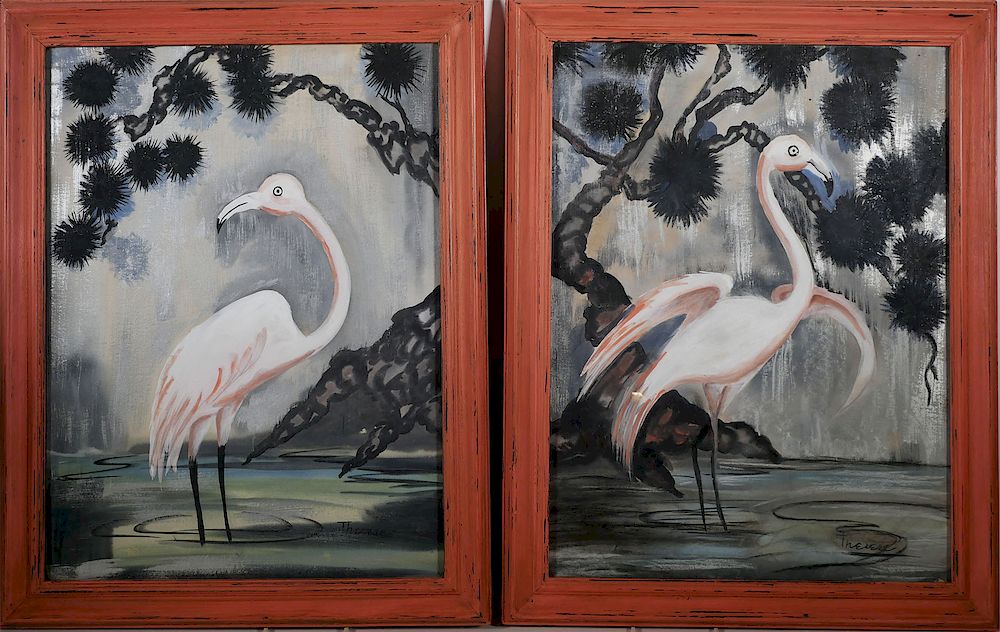 Appraisal: Pair of FLAMINGO Watercolors Signed Matched pair of mid- th