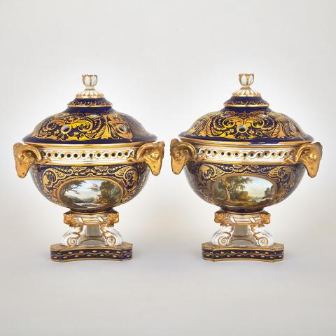 Appraisal: Pair of Derby Blue Ground Potpourri Mantel Urns and Covers