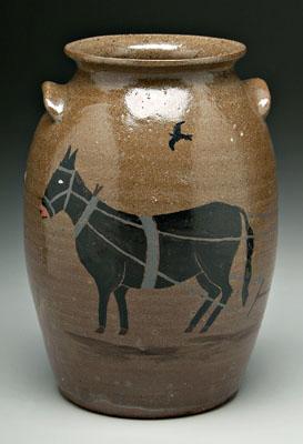 Appraisal: Billy Henson decorated stoneware jar alkaline glaze mule pulling plow