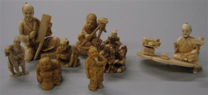 Appraisal: Nine Japanese elephant ivory miniature carvings Comprising a small pot