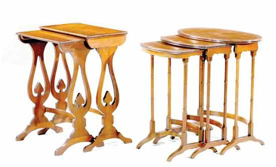 Appraisal: Two Regency style walnut nesting table sets set of three