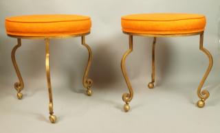 Appraisal: Pr Round Gilt Iron Regency style Rolling Stools Orange Fabric