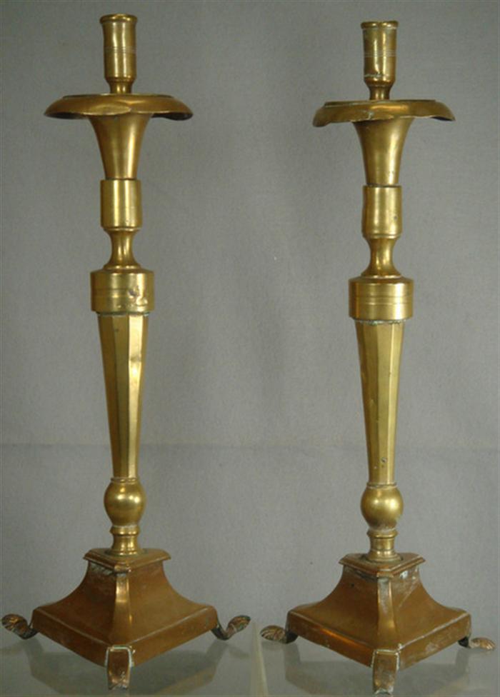 Appraisal: Pr brass Spanish Portuguese candlesticks triangular paw foot bases feet