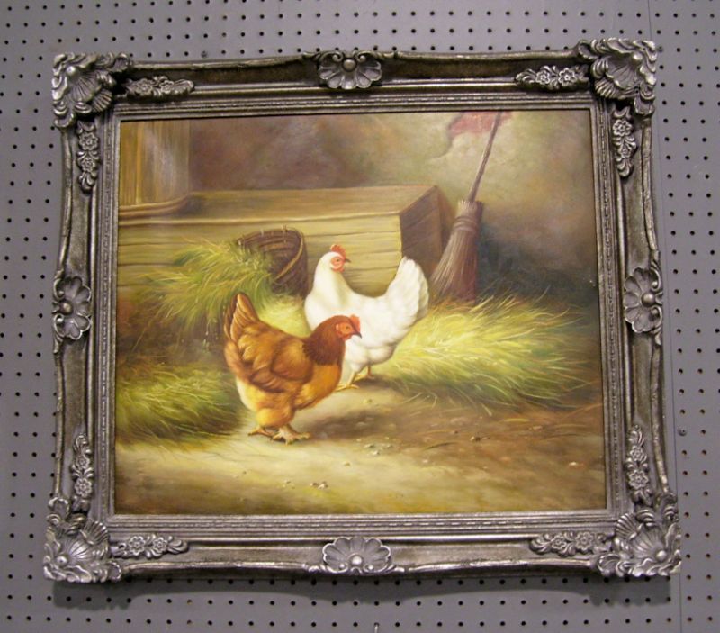 Appraisal: Oil Painting - Hens with Broom Barnyard scene Framed painting