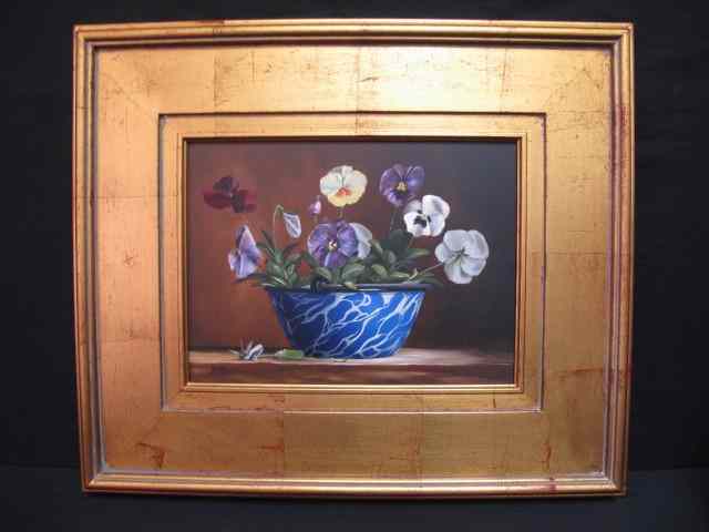 Appraisal: Oil on board painting titled ''Pail of Pansies'' by Julie