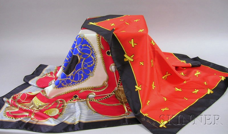 Appraisal: Two Silk Scarves one red black and gold designed by