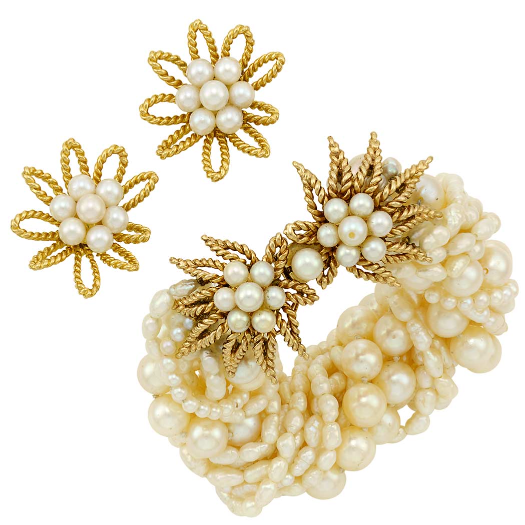 Appraisal: Multistrand Cultured and Freshwater Pearl Torsade Bracelet with Gold and