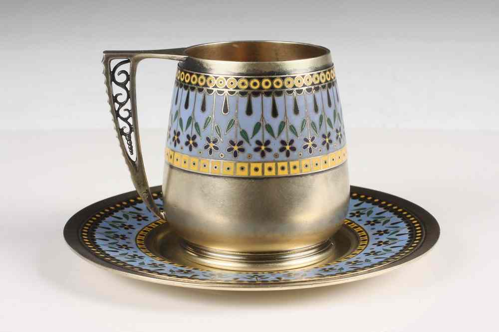 Appraisal: RUSSIAN ENAMELED SILVER TEA CUP AND SAUCER - Enameled and