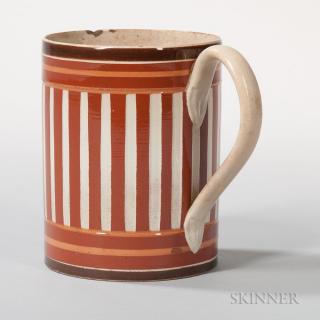 Appraisal: Mocha Creamware Slip-decorated Quart Mug England early th century straight-sided