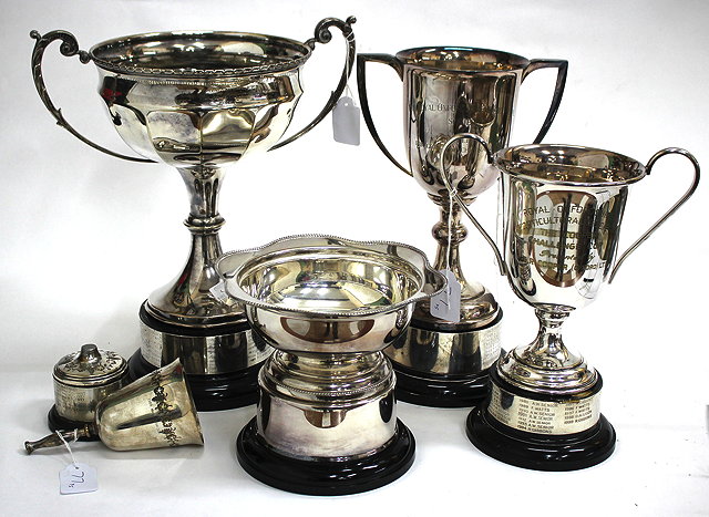 Appraisal: A LARGE SILVER PLATED TROPHY CUP with two scrolling handles