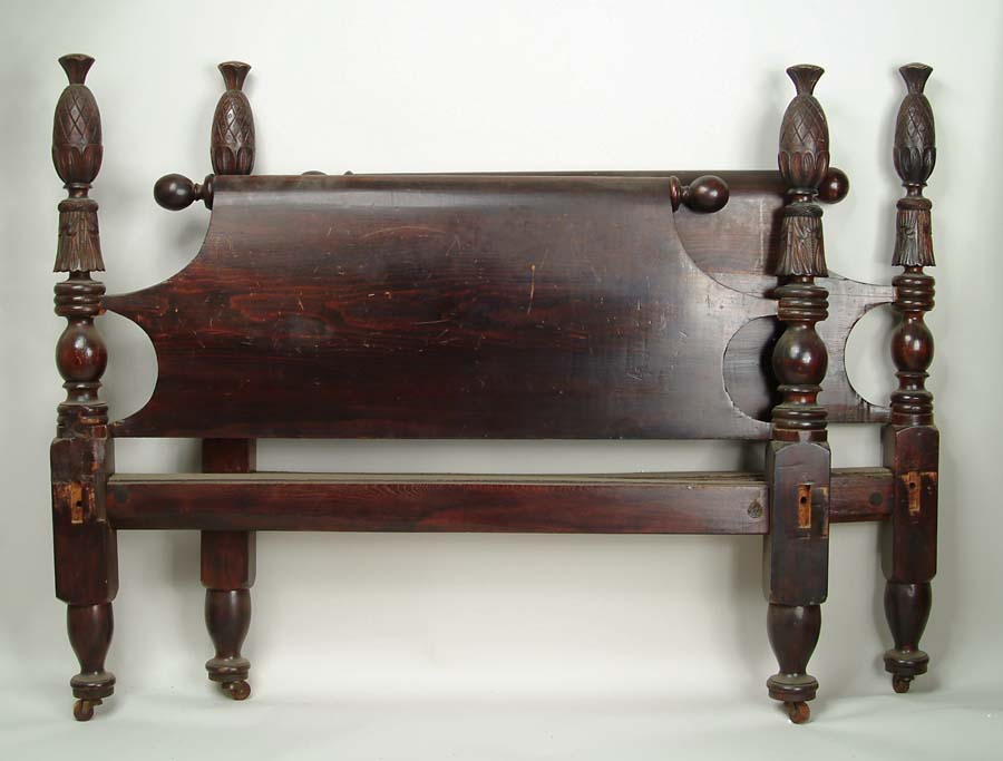 Appraisal: EARLY CARVED PINEAPPLE POST ROPE BED Headboard and foot board