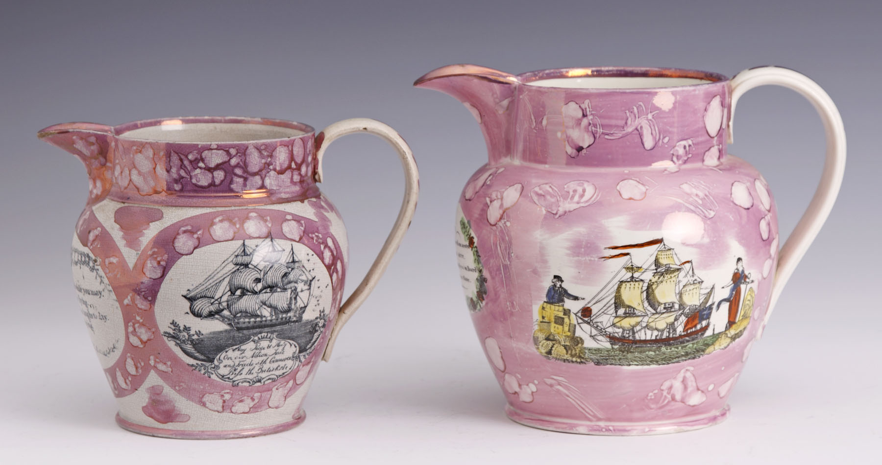 Appraisal: Right Pink Luster Pitcher Polychrome decoration depicting ship sailors Masonic