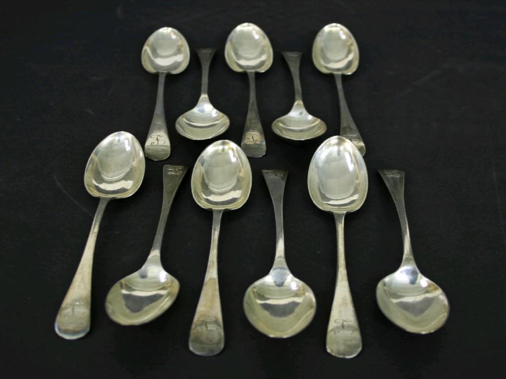 Appraisal: Set of eleven Old English silver teaspoons the handles monogrammed