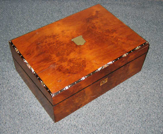 Appraisal: ENGLISH TH CENTURY BURL WALNUT LAP DESK Rectangular mother-of-pearl inlay