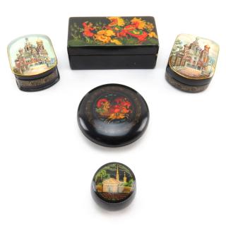 Appraisal: Grouping of Five Vintage Russian Lacquered Wooden Boxes Grouping of