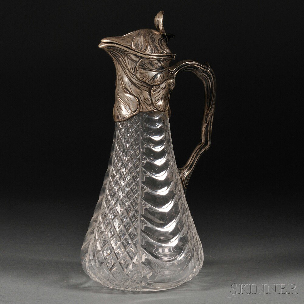 Appraisal: Cut Glass and Silver Wine Ewer Pforzheim Germany c A