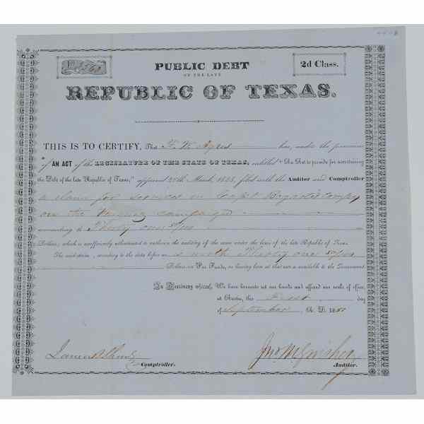 Appraisal: Republic of Texas Public Debt Document A document recognizing public