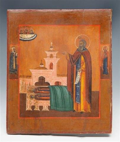 Appraisal: A RUSSIAN ICON ON PINE PANEL depicting St Sergey Rodonejsky