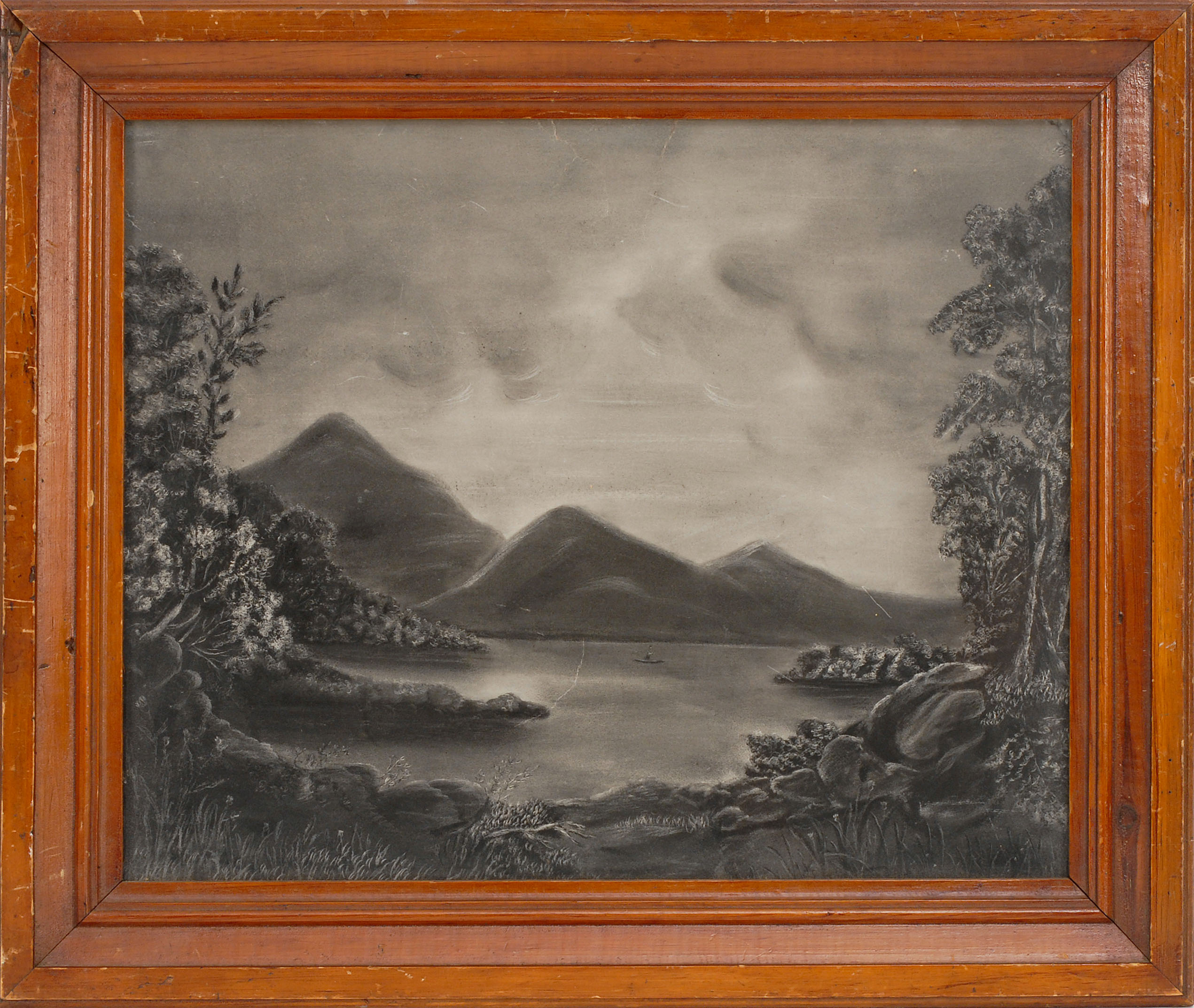 Appraisal: AMERICAN SCHOOL th CenturyBoaters on a mountain lake Unsigned Sandpaper