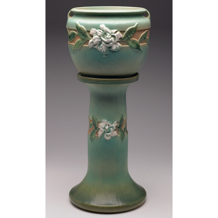 Appraisal: Roseville Gardenia jardiniere and pedestal green and both marked overall