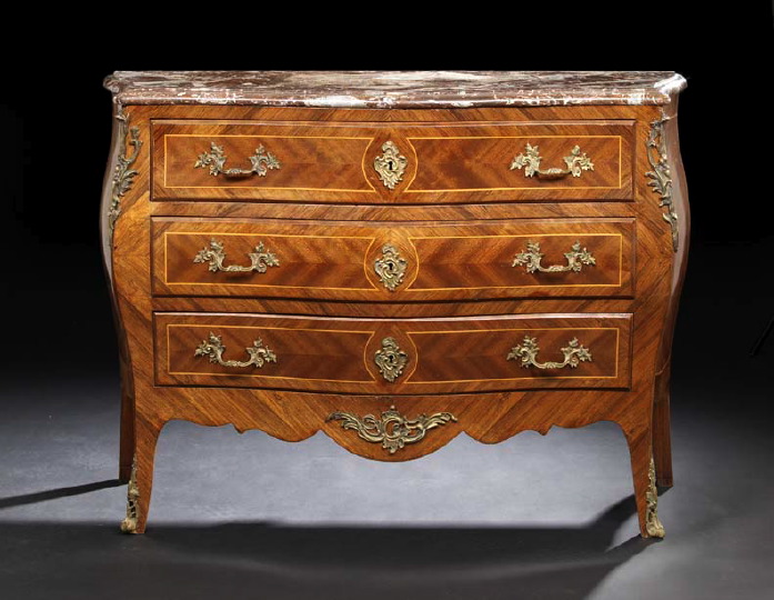 Appraisal: Louis XV-Style Ormolu-Mounted Kingwood Mahogany and Marble-Top Bombe Commode mid-