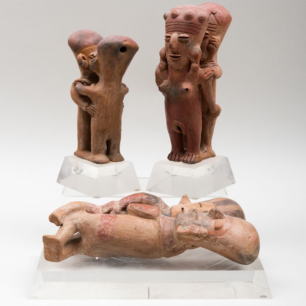 Appraisal: Three Pre-Colombian Erotic Pottery Figure Groups Raised on lucite bases