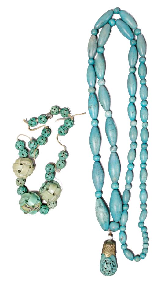 Appraisal: A Strand of Turquoise Colored Pottery Beads Length of longest