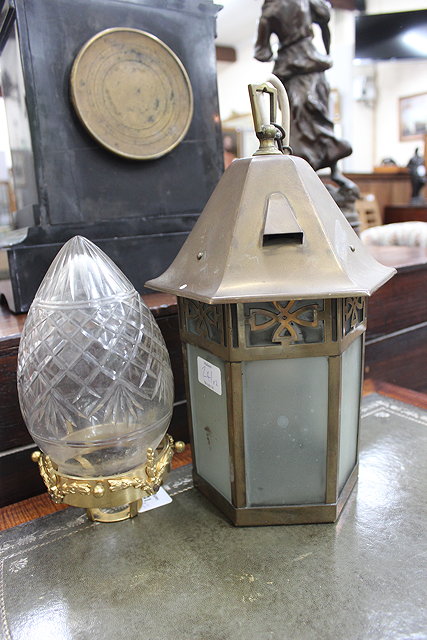 Appraisal: A BRASS HEXAGONAL HANGING LANTERN cm high together with a