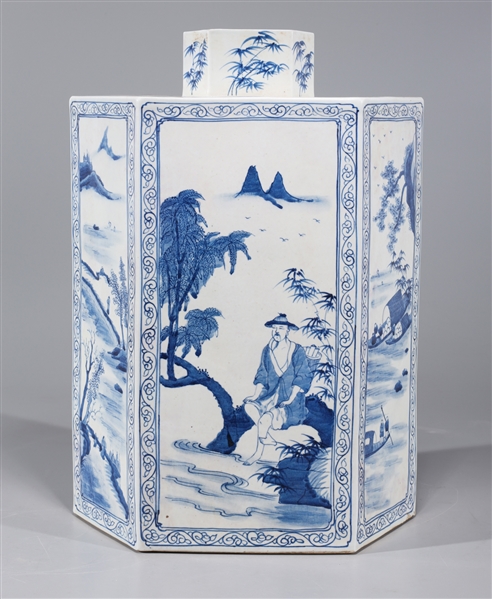 Appraisal: Chinese blue and white porcelain faceted vase with figures and