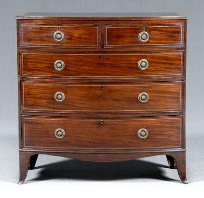 Appraisal: Hepplewhite inlaid bow front chest highly figured mahogany veneers two-over-three