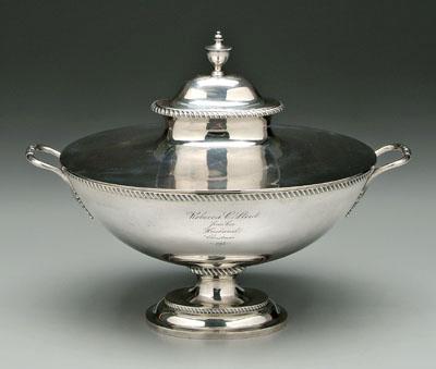 Appraisal: Coin silver oval tureen urn finial acanthus handles stepped pedestal