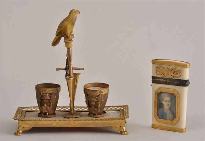 Appraisal: FRENCH GOLD-MOUNTED IVORY NECESSAIRE WITH PAINTED MINIATURE AND AN ENCRIER