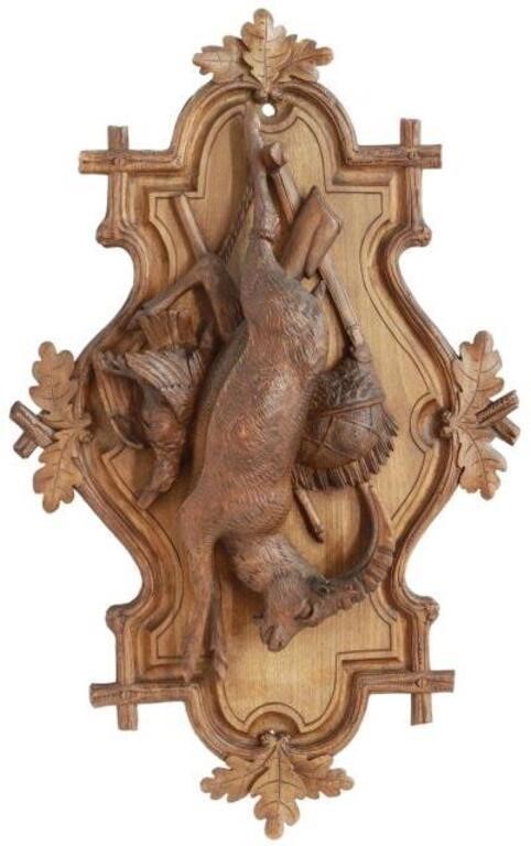 Appraisal: Black Forest carved walnut wall trophy with Alpine ibex game