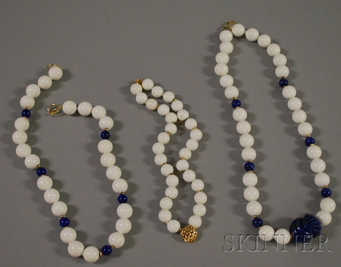 Appraisal: Two kt Gold White Bead and Lapis Necklaces together with