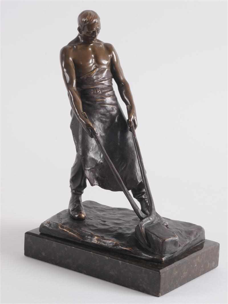 Appraisal: FERDINAND FRICK - THE SMELTER Bronze signed bare-chested weilding a