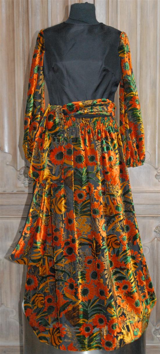 Appraisal: FRENCH GOWN Black silk top blazing autumn colors make up