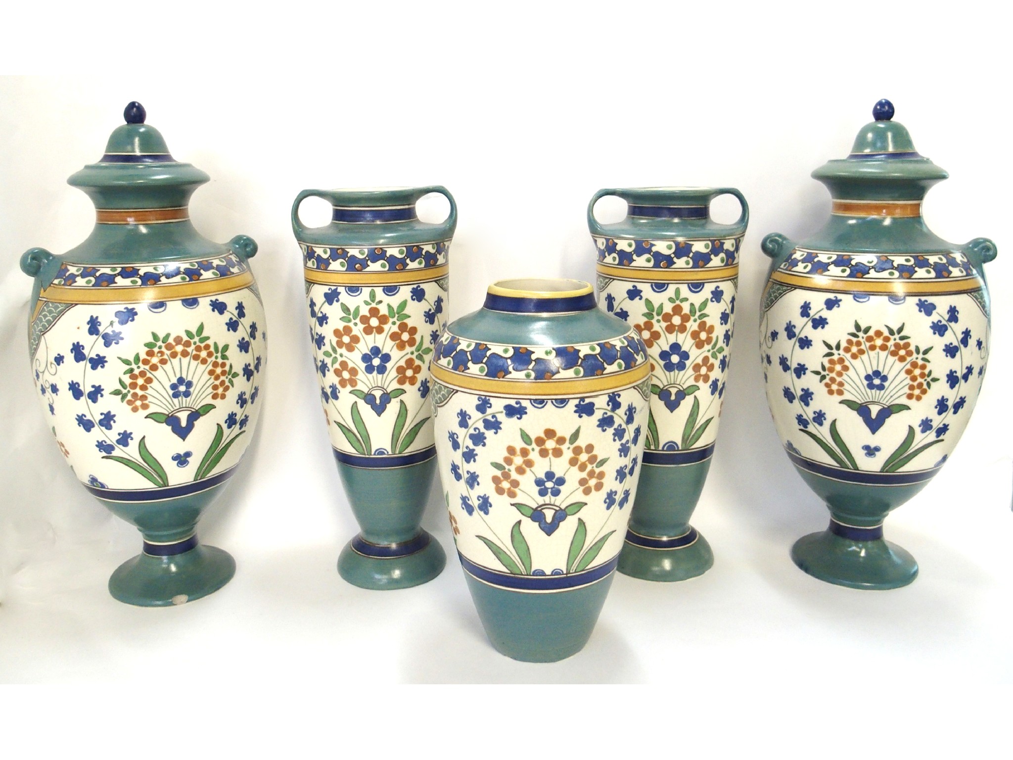 Appraisal: A garniture of vases and jars marked Ispahan Arnhem comprising