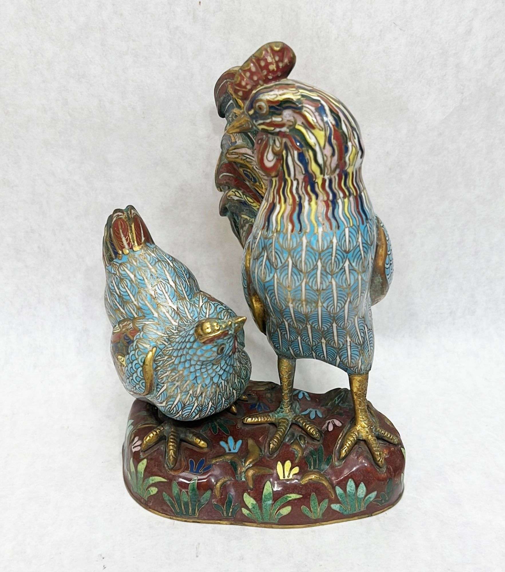 Appraisal: Chinese Cloisonne Rooster and Chicken Figure tall Condition Good no