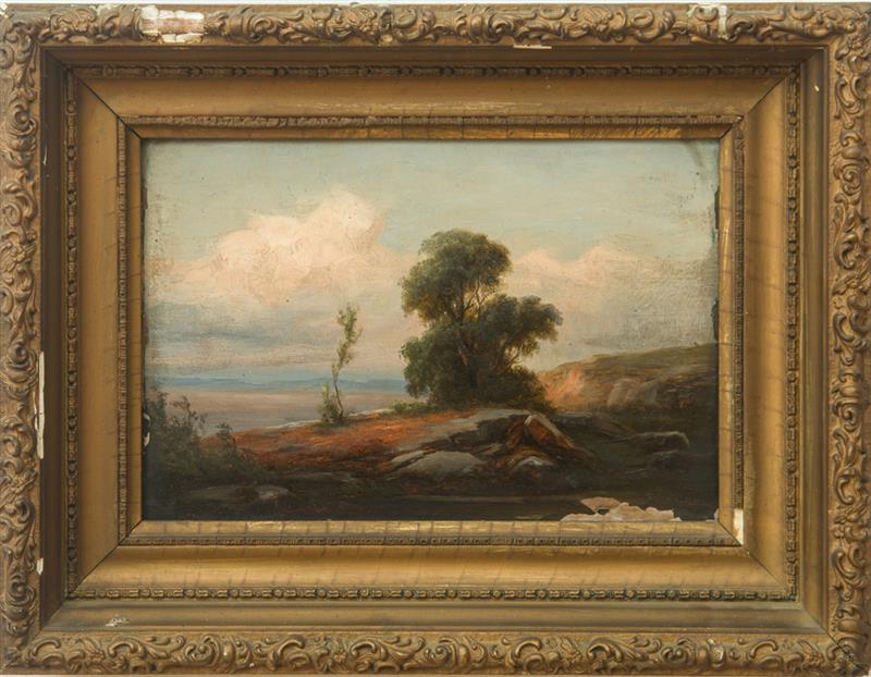 Appraisal: EUROPEAN SCHOOL LANDSCAPE Oil on paperboard indistinctly signed and dated